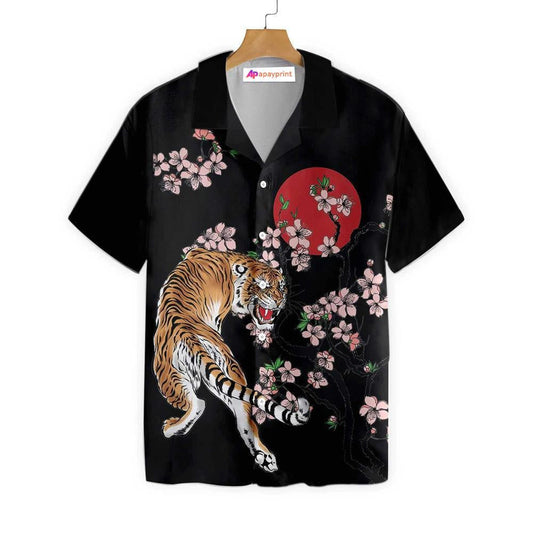 Tiger Sakura And Red Moon Pattern Hawaiian Shirt,Hawaiian Shirt Gift, Christmas Gift