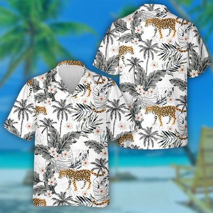 Tropical Leopard Animals And Plumeria Flowers Hawaiian Shirt,Hawaiian Shirt Gift, Christmas Gift