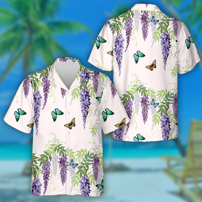 Theme Tropical Japanese Flowers Butterflies And Wisteria Hawaiian Shirt, Hawaiian Shirt Gift, Christmas Gift