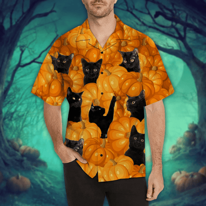Black Cat In Pumkin Halloween Ornamental Hawaiian Shirt, Hawaiian For Gift