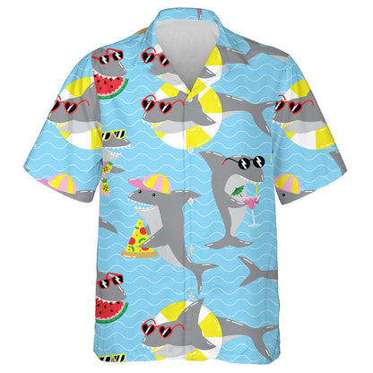 Summer Holiday Pattern With Cool Sharks In Sunglasses Hawaiian Shirt, Hawaiian Shirt Gift, Christmas Gift