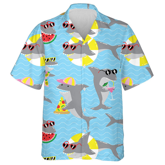 Summer Holiday Pattern With Cool Sharks In Sunglasses Hawaiian Shirt, Hawaiian Shirt Gift, Christmas Gift