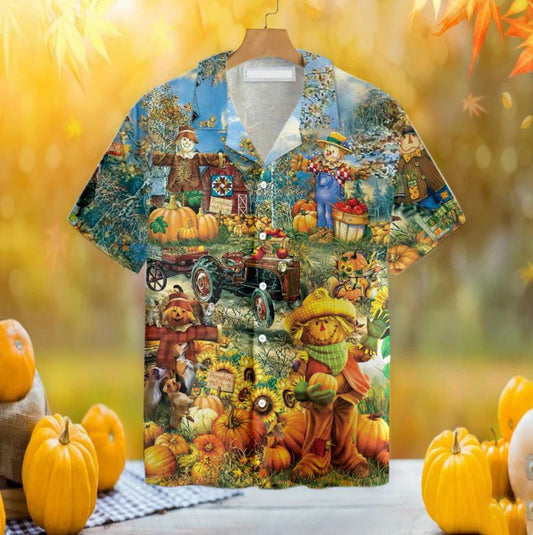 Smiley Pumpkin On The Farm Thanksgiving Hawaiian Shirt,Hawaiian Shirt Gift, Christmas Gift