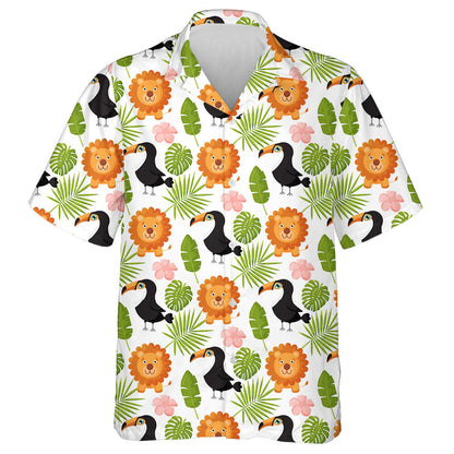 Funny Lions Toucans And Palm Leaves Hawaiian Shirt,Hawaiian Shirt Gift, Christmas Gift
