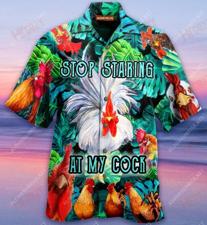 Stop Staring At My Cock Funny Rooster Quote Unisex Hawaiian Shirt Summer Short Sleeve Tactical Hawaiian Shirt Funny Hawaiian Shirts, Hawaiian Shirt Gift, Christmas Gift