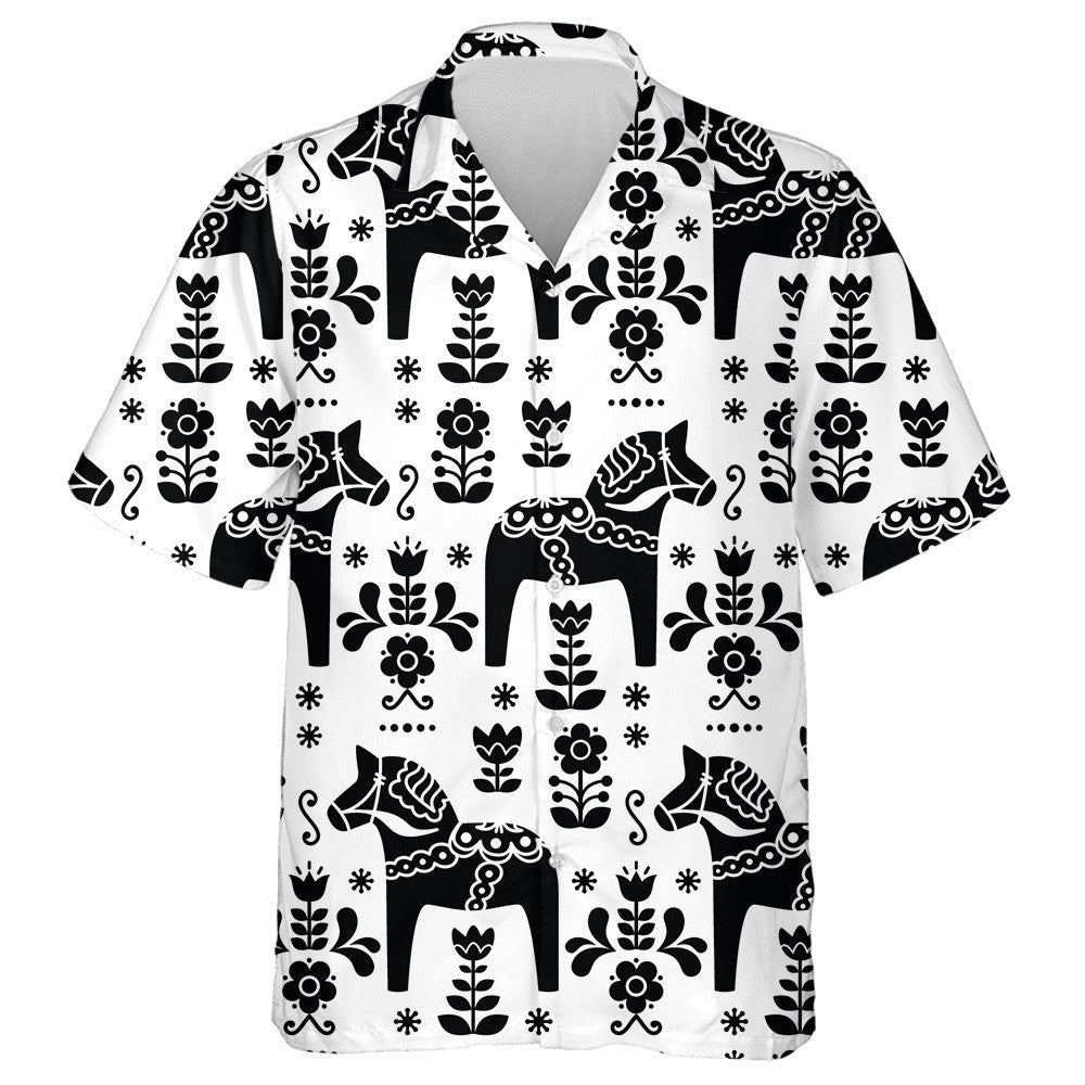 Swedish Folk Art Horse In Black Hawaiian Shirt,Hawaiian Shirt Gift, Christmas Gift