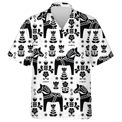 Swedish Folk Art Horse In Black Hawaiian Shirt,Hawaiian Shirt Gift, Christmas Gift