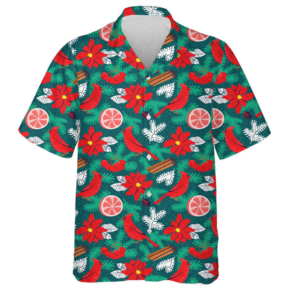 Watercolor Red Cardinal And Poinsettia Red Flower Hawaiian Shirt, Hawaiian Shirt Gift, Christmas Gift