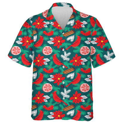 Watercolor Red Cardinal And Poinsettia Red Flower Hawaiian Shirt, Hawaiian Shirt Gift, Christmas Gift