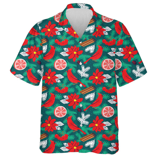 Watercolor Red Cardinal And Poinsettia Red Flower Hawaiian Shirt, Hawaiian Shirt Gift, Christmas Gift