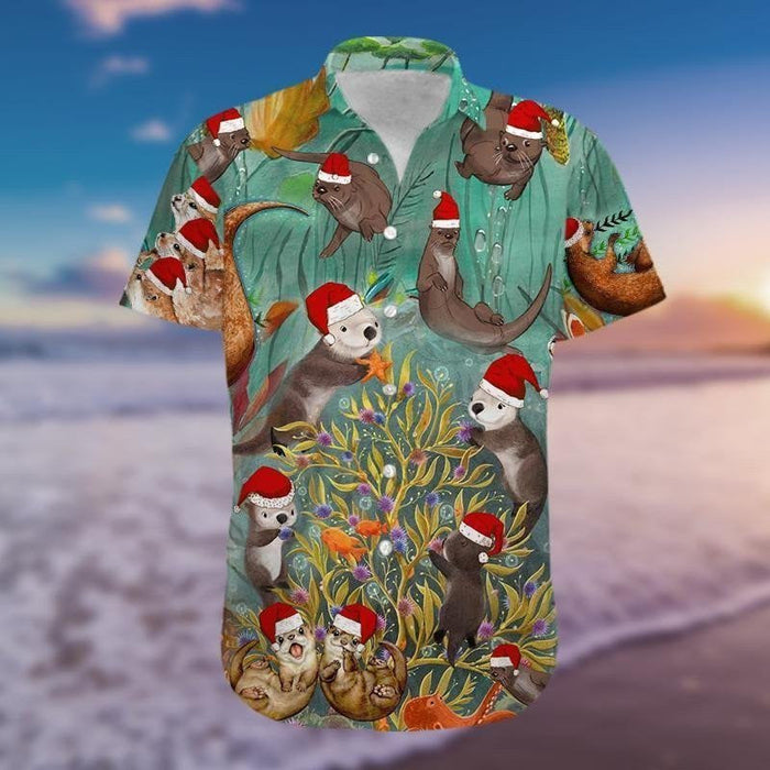 Happy Santa Otter Christmas Hat Vintage Style Design Hawaiian Shirt, Hawaiian Shirt Gift, Christmas Gift