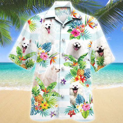Kawaii American Eskimo Dog Tropical Flower Pattern Hawaiian Shirt, Hawaiian Shirt Gift, Christmas Gift