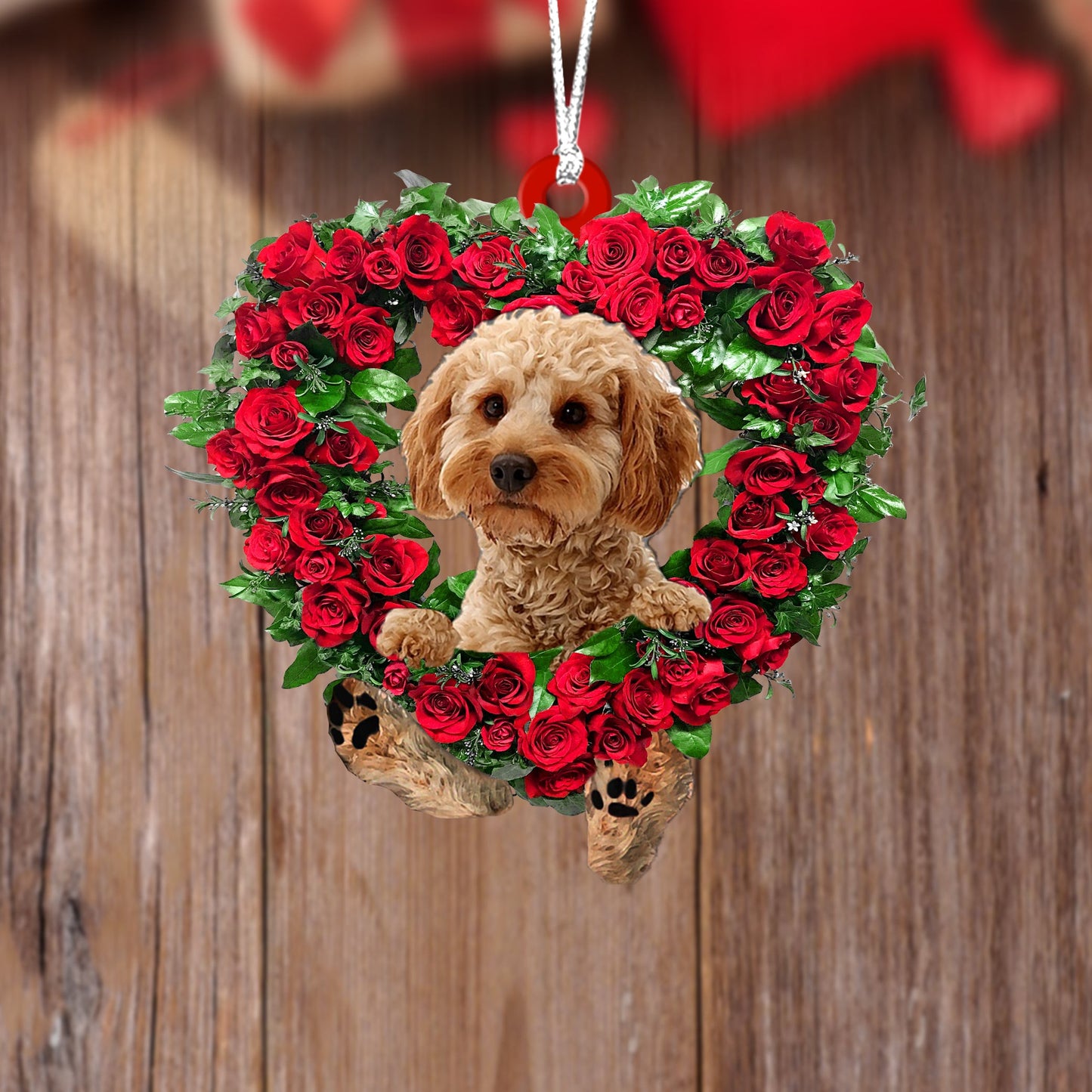 Wreath Cockapoo-Heart Dhá thaobh Ornáid Crochta Plaisteach Nollag, Bronntanas Nollag, Maisiú Nollag