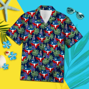 Classic Flag Of Texas Longhorn Bluebonnet Pattern Hawaiian Shirt, Hawaiian Shirt Gift, Christmas Gift