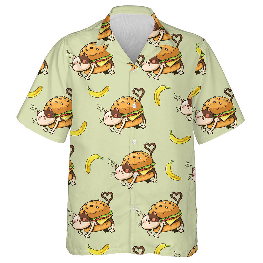 Cat Hamburger Agus Banana Cartún ar Chúlra Glas Léine Haváís, Bronntanas Léine Haváíais, Bronntanas Nollag