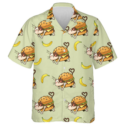 Cat Hamburger Agus Banana Cartún ar Chúlra Glas Léine Haváís, Bronntanas Léine Haváíais, Bronntanas Nollag