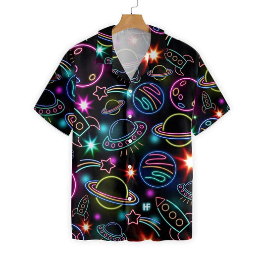 Neon Glowing Space With Rainbow Star Design Hawaiian Shirt, Hawaiian Shirt Gift, Christmas Gift