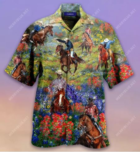 Bluebonnet And Texas Cowboy Hawaiian Shirt,Hawaiian Shirt Gift, Christmas Gift