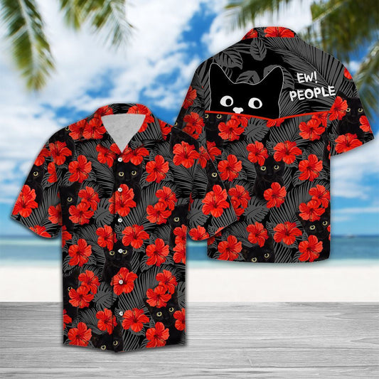 Peeking Black Cat Ew People Red Hibiscus Pattern Hawaiian Shirt, Hawaiian Shirt Gift, Christmas Gift