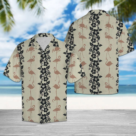Tropical Flamingo And Black Hibiscus Pattern Hawaiian Shirt,Hawaiian Shirt Gift, Christmas Gift