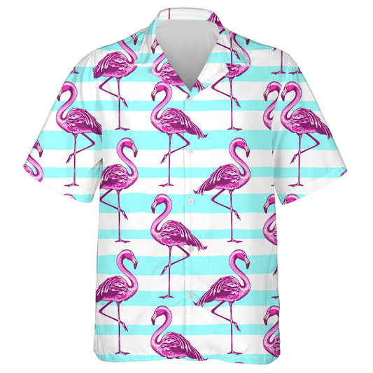 Summer With Pink Flamingo And Blue Lines Hawaiian Shirt,Hawaiian Shirt Gift, Christmas Gift
