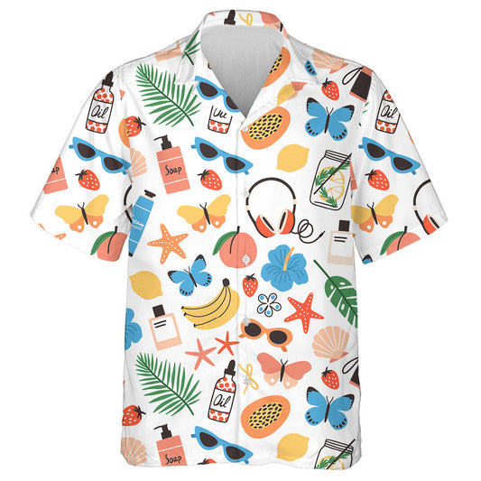 Duilleoga pailme Samhraidh Lámh-tharraingthe spéaclaí gréine agus féileacáin Léine haváíais, bronntanas Léine haváíais, bronntanas Nollag