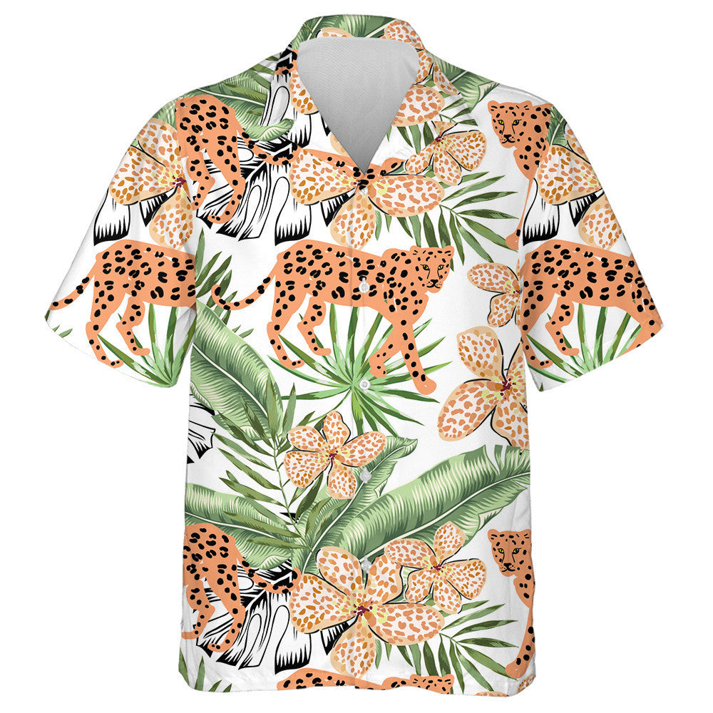 Ainmhithe Liopard Oráiste Agus Duilleoga Palm Banana Glas Léine Haváís, Bronntanas Léine Haváís, Bronntanas Nollag