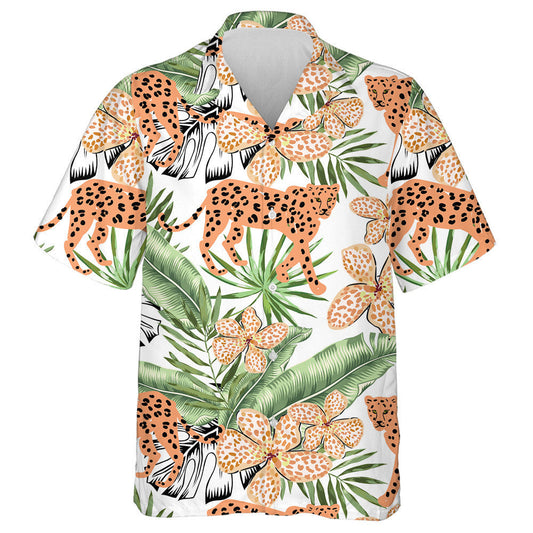 Ainmhithe Liopard Oráiste Agus Duilleoga Palm Banana Glas Léine Haváís, Bronntanas Léine Haváís, Bronntanas Nollag