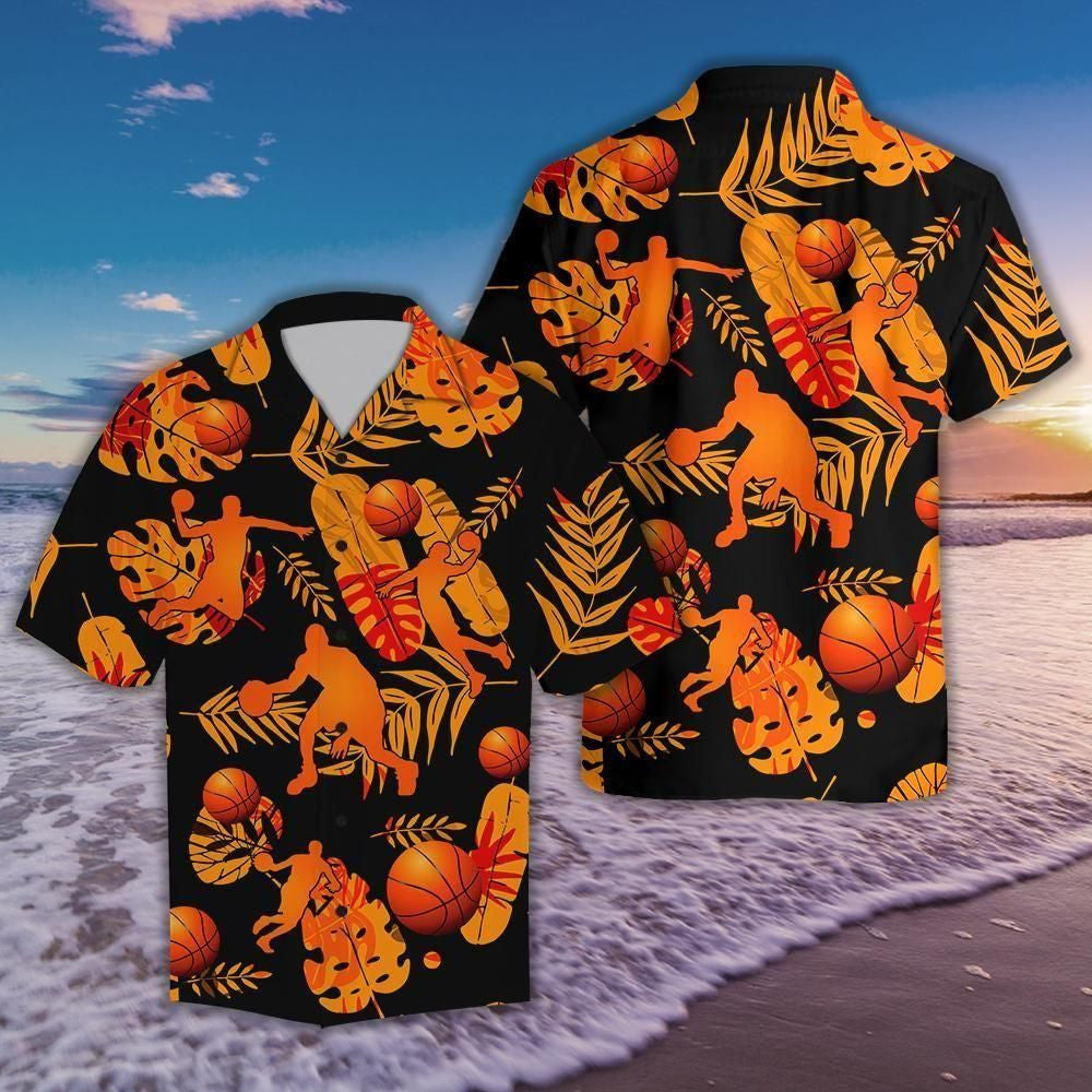 Basketball Tropical Leave Black And Orange Theme Hawaiian Shirt, Hawaiian Shirt Gift, Christmas Gift
