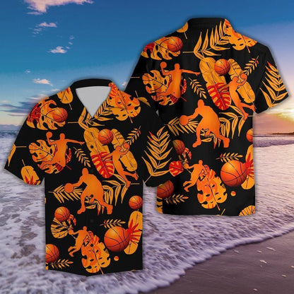 Basketball Tropical Leave Black And Orange Theme Hawaiian Shirt, Hawaiian Shirt Gift, Christmas Gift