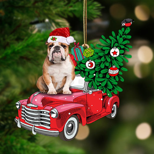 BROWN English Bulldog-Pine Truck Hanging Christmas Plastic Hanging Ornament, Happy Christmas Ornament, Christmas Gift, Christmas Decoration