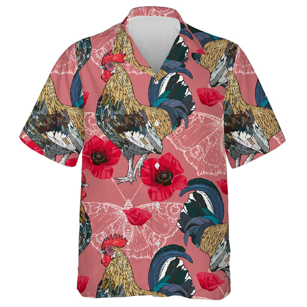Red Poppies Butterflies Silhouettes And Chicken Hawaiian Shirt,Hawaiian Shirt Gift, Christmas Gift