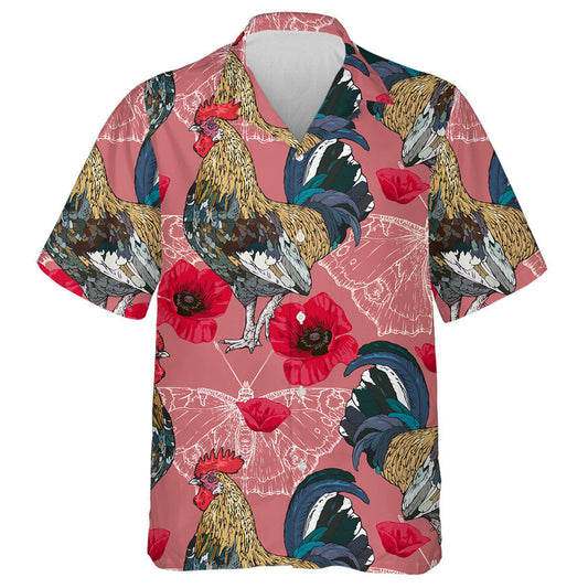 Red Poppies Butterflies Silhouettes And Chicken Hawaiian Shirt,Hawaiian Shirt Gift, Christmas Gift