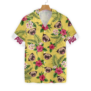 Vivid Hibiscus With Leaves With Pug Custom Photo Hawaiian Shirt, Hawaiian Shirt Gift, Christmas Gift