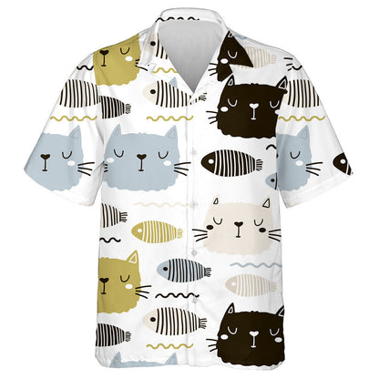 Cute Cat And Fish Faces Animal Background Hawaiian Shirt, Hawaiian Shirt Gift, Christmas Gift