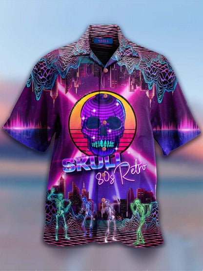 Skull 80s Retro Happy Halloween Background Hawaiian Shirt,Hawaiian Shirt Gift, Christmas Gift