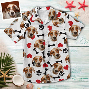 Custom Photo Dog Heart And Black Bone Pattern Hawaiian Shirt, Hawaiian Shirt Gift, Christmas Gift