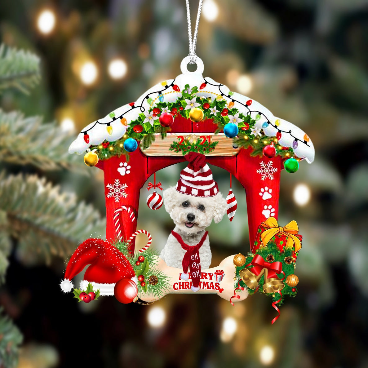 Bichon Frise 2-Christmas House Two Sided Christmas Plastic Hanging Ornament, Christmas Ornament Gift, Christmas Gift, Christmas Decoration