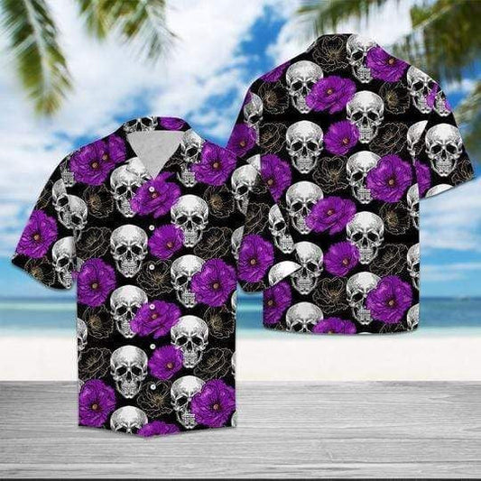 Skull With Purple Flower Design Hawaiian Shirt,Hawaiian Shirt Gift, Christmas Gift