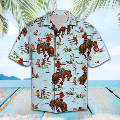 Awesome Cowboy Hiking On Blue Background Pattern Hawaiian Shirt, Hawaiian Shirt Gift, Christmas Gift
