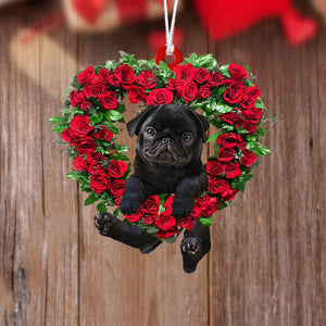 Black Pug-Heart Wreath Two Sides Christmas Plastic Hanging Ornament, Christmas Ornament Gift, Christmas Gift, Christmas Decoration