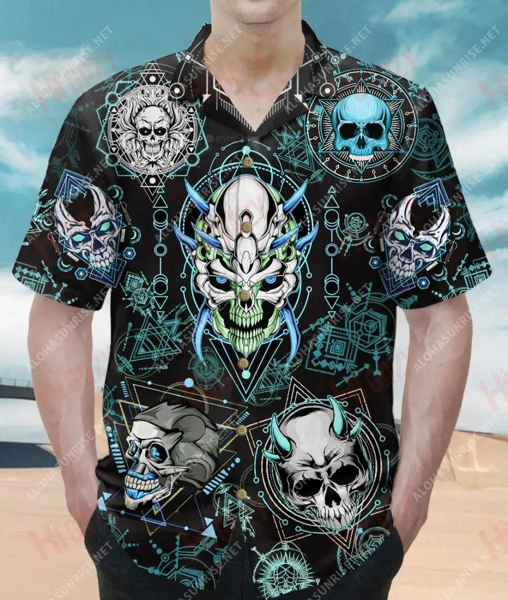 Skull Gorm Geoiméadrach Léine Gearr Muinchille Unisex Léinte Trópaiceacha an tSamhraidh Léinte Haváise Saincheaptha Léinte Greannmhar Haváís, Bronntanas Léine Haváise, Bronntanas Nollag