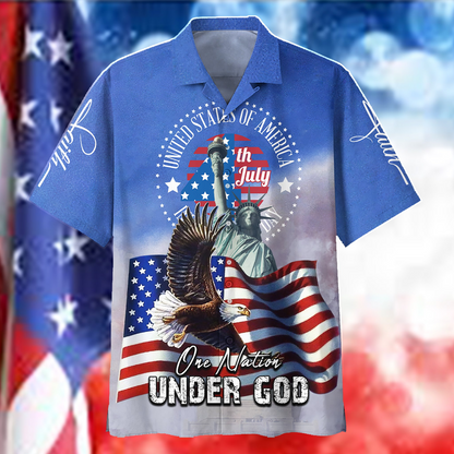 Happy Independence Day Hawaiian Shirt  One Nation Under God Hawaiian Shirt  Eagle With Us Flag Statue Of Liberty Hawaiian Shirt, Hawaiian Shirt Gift, Christmas Gift