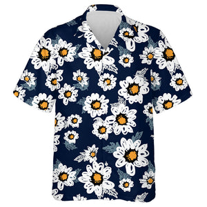 White Sunflowers Drawing By Hand On Dark Blue Background Hawaiian Shirt, Hawaiian Shirt Gift, Christmas Gift