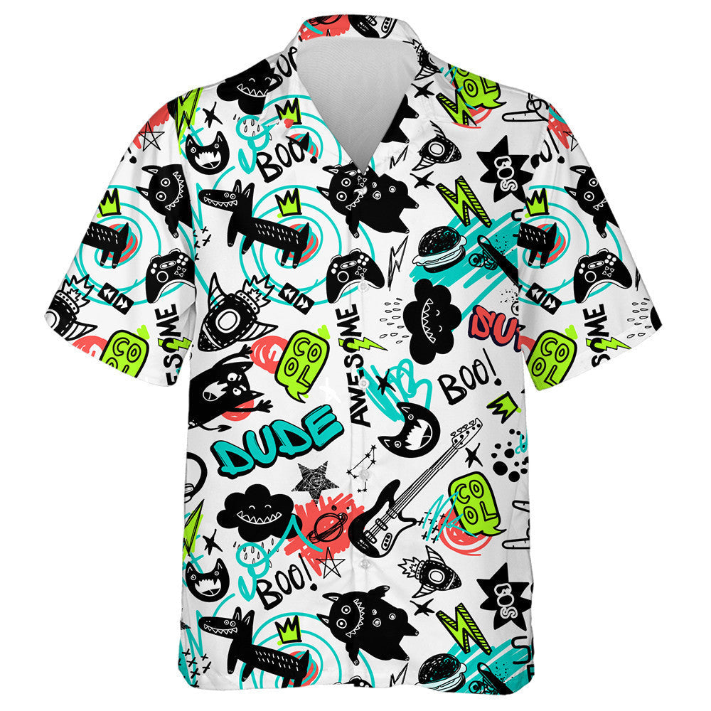 Cartoon Abstract Dog And Monsters Comics Doodle Hawaiian Shirt, Hawaiian Shirt Gift, Christmas Gift