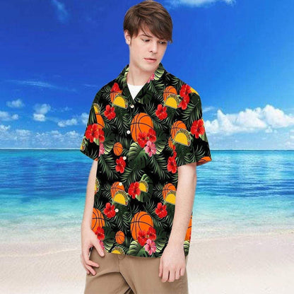 Basketball Leaf Pattern On Black Design Hawaiian Shirt, Hawaiian For Gift