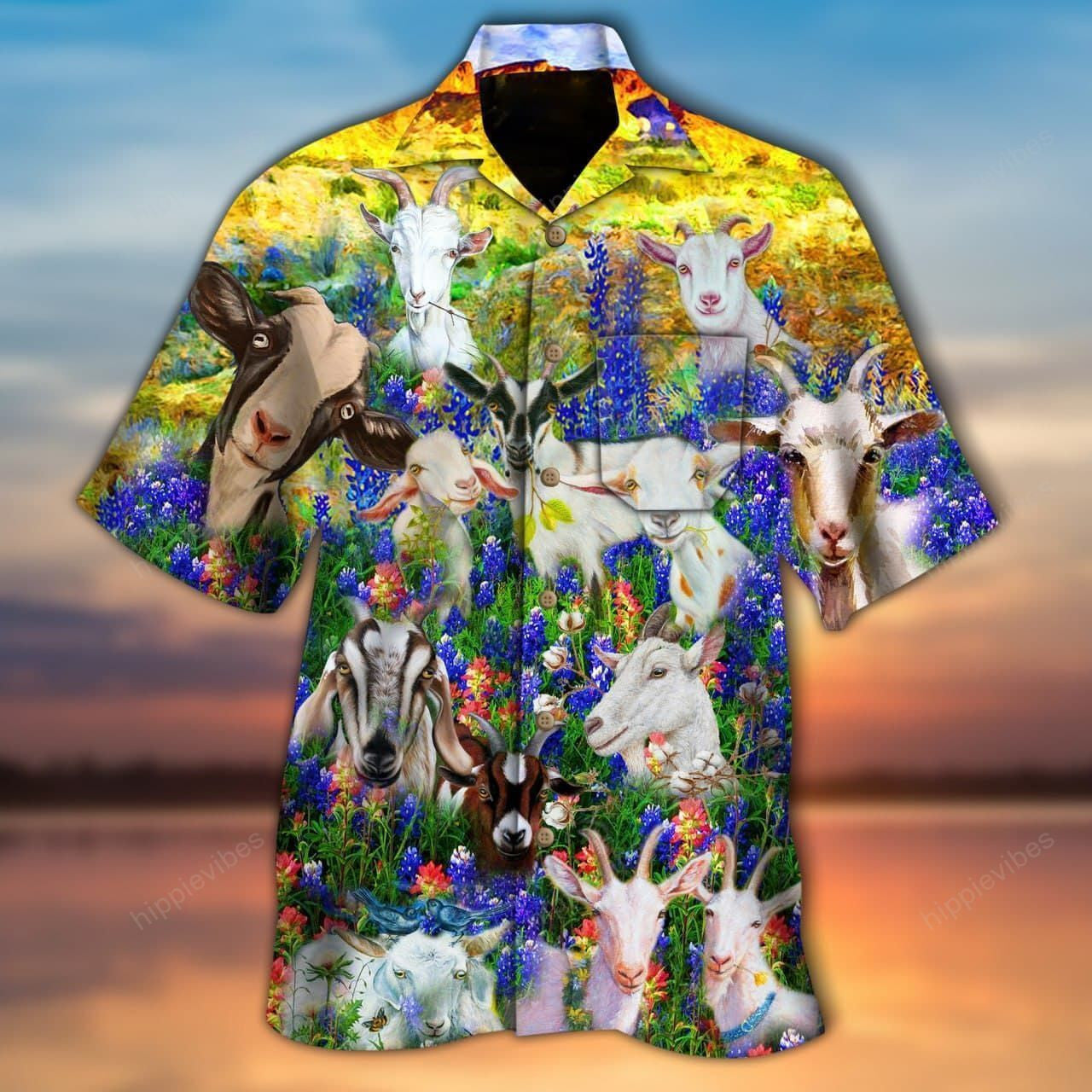Multicolor Nature Goats In Bluebonnets Design Hawaiian Shirt,Hawaiian Shirt Gift, Christmas Gift