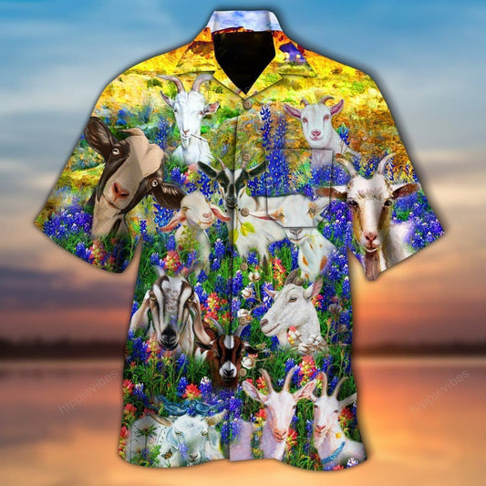 Multicolor Nature Goats In Bluebonnets Design Hawaiian Shirt,Hawaiian Shirt Gift, Christmas Gift