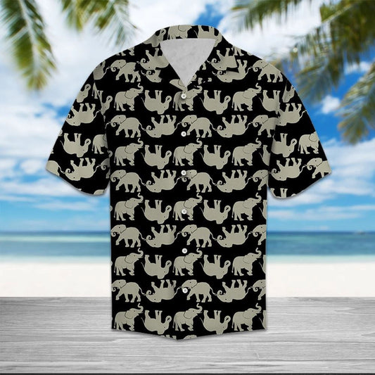 Cartoon Elephant Black And White Line Pattern Hawaiian Shirt, Hawaiian Shirt Gift, Christmas Gift