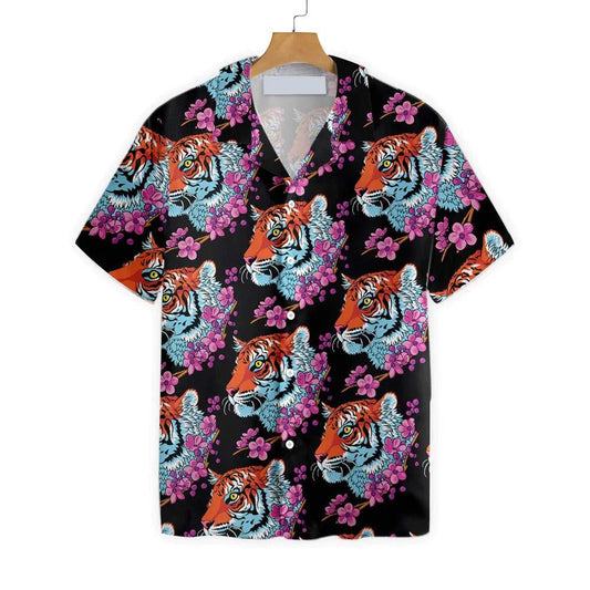 Tiger Flower Art On Black Background Hawaiian Shirt,Hawaiian Shirt Gift, Christmas Gift